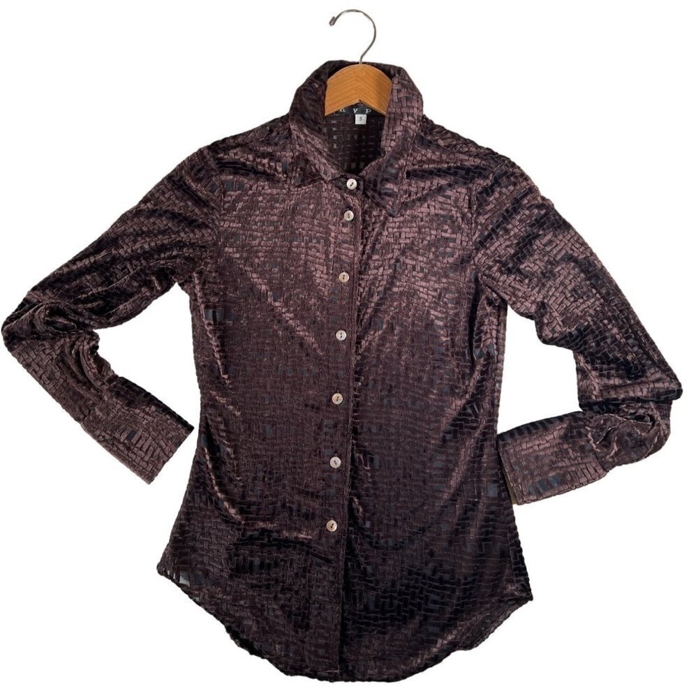 VTG 90s Hype Womens Size S Shirt Burn Out Velvet Brown on Sheer Black MOP Button